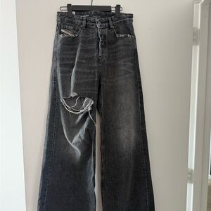 Diesel Black Distressed Wide Leg Jeans